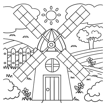 Premium vector windmill coloring page for kids