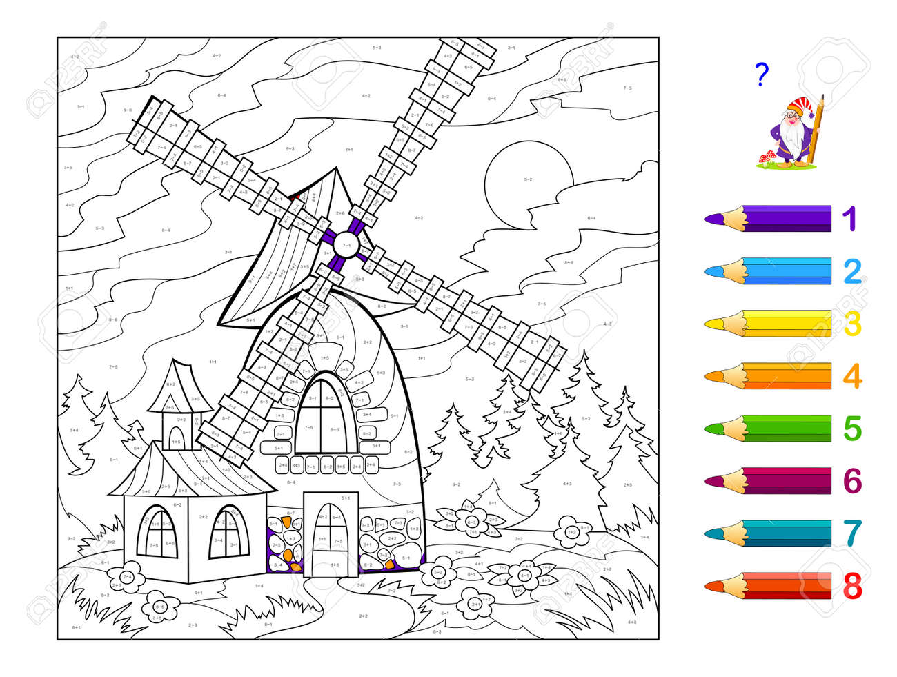 Math education for little children coloring book mathematical exercises on addition and subtraction solve examples and paint the windmill developing counting skills worksheet for kids royalty free svg cliparts vectors and stock