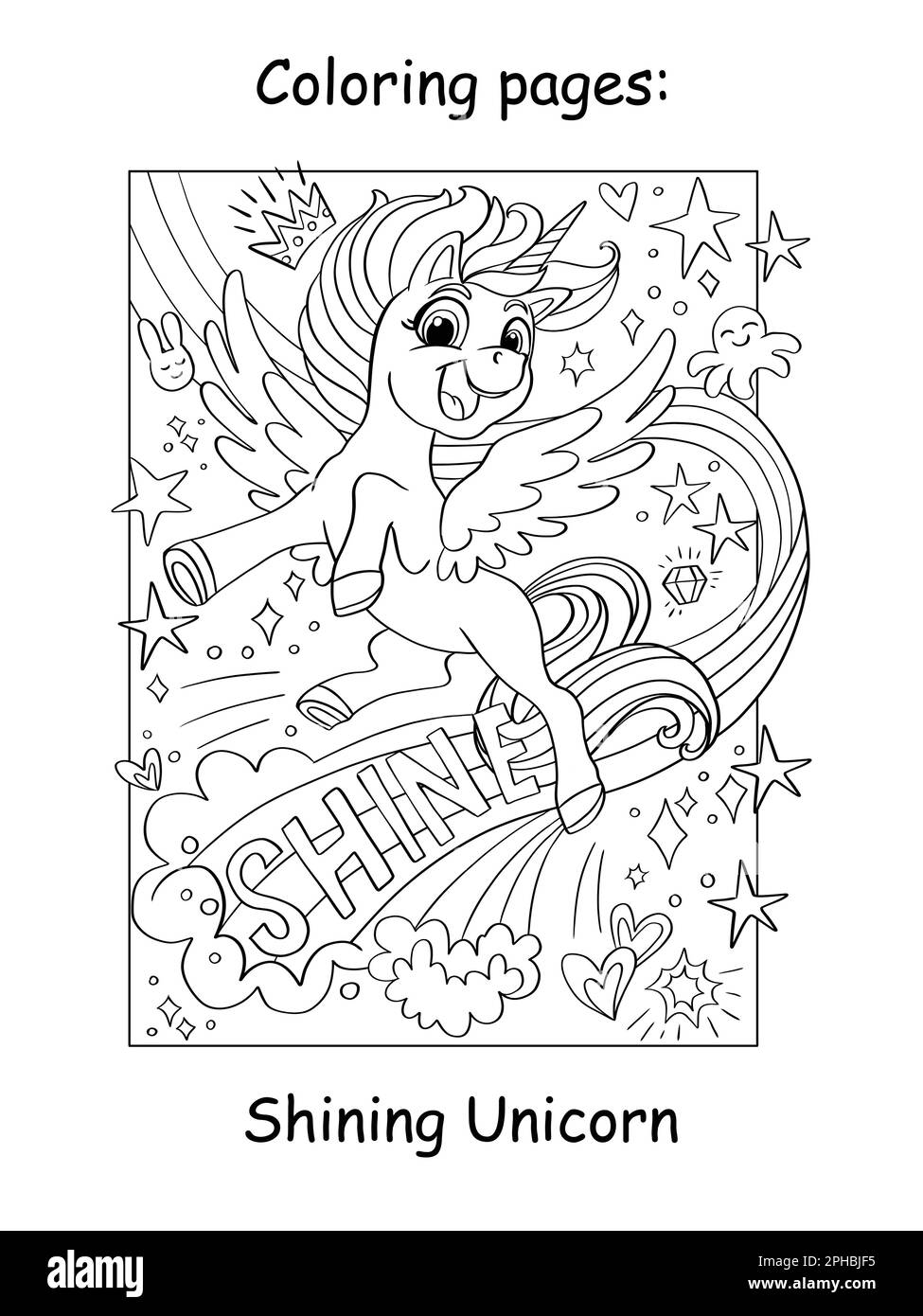 Cute beautiful unicorn girl with wings and lettering shine cartoon vector illustration kids coloring book page with color template for coloring ed stock vector image art