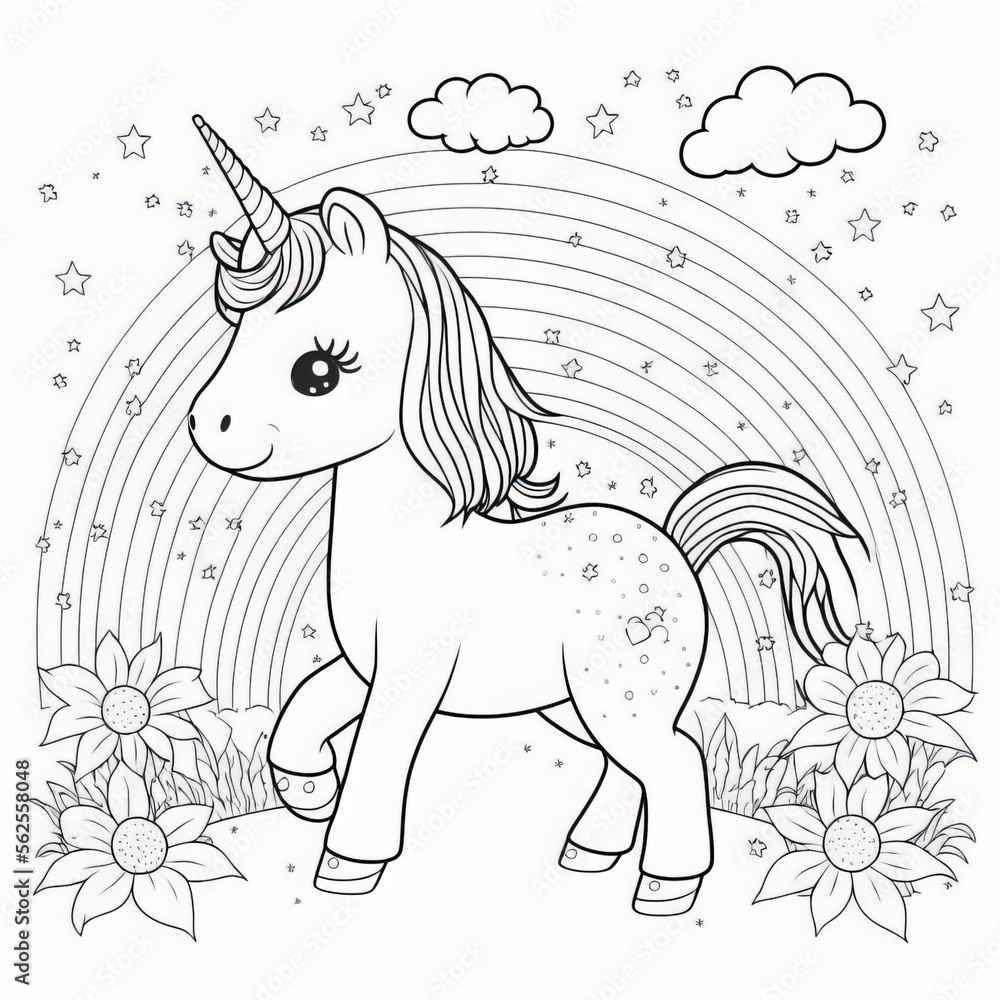 Flying unicorn coloring page for kids illustration