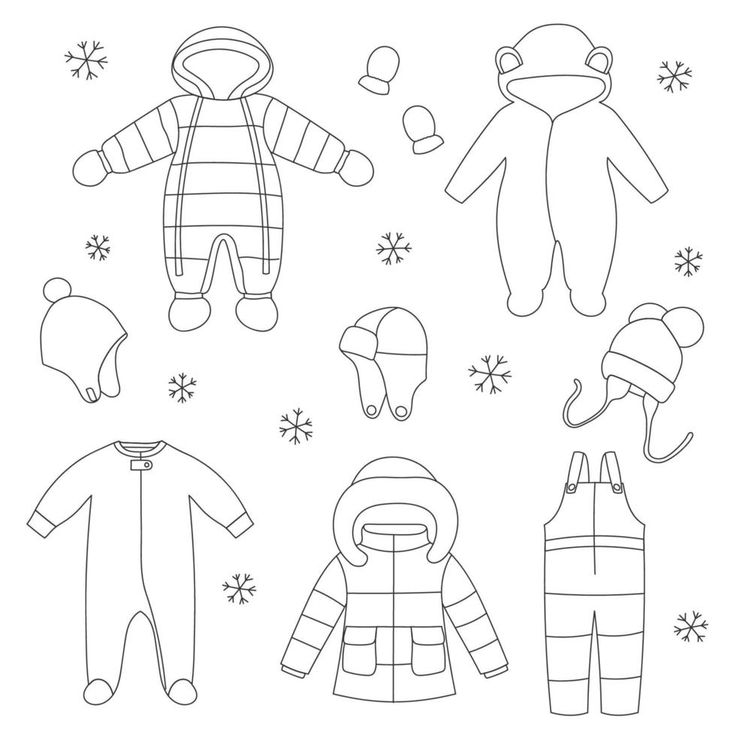 Set of line art baby winter clothes winter coat overalls snow suit jumpsuit hats and mittens winter baby clothes baby winter snow suit