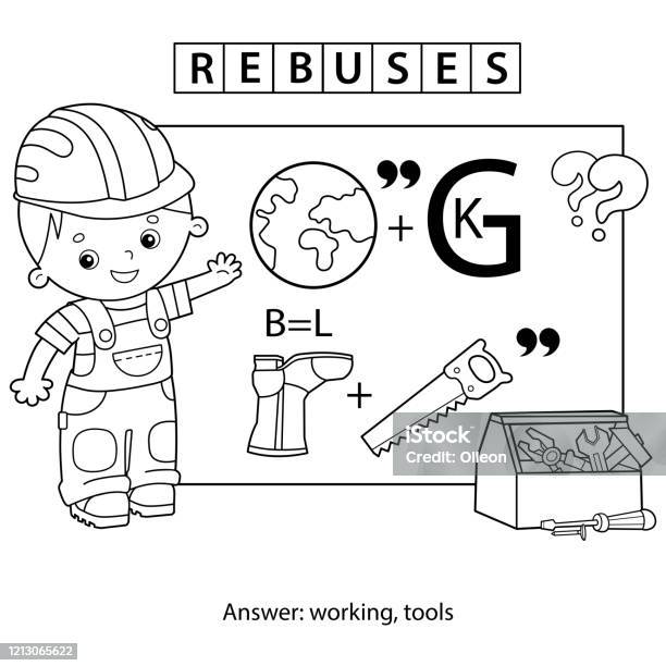 Rebus or logic puzzle game for children coloring page outline of cartoon worker with tools coloring book for kids stock illustration