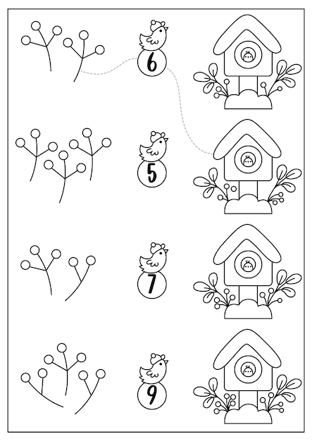 Premium vector christmas black and white matching game with cute kawaii bird and birdhouse winter line holiday math activity for preschool kids educational printable new year counting coloring page