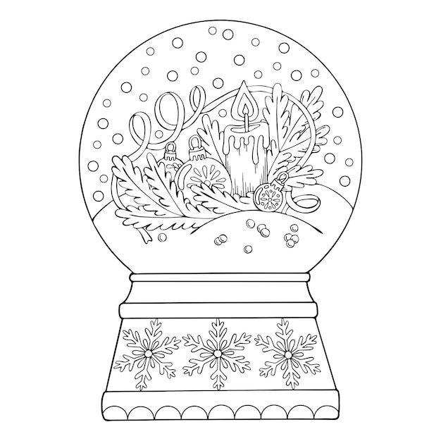 Premium vector coloring page snow globe thin line art a christmas gift winter decor hand drawn vector illustration isolated simple doodle element coloring book for children and adults