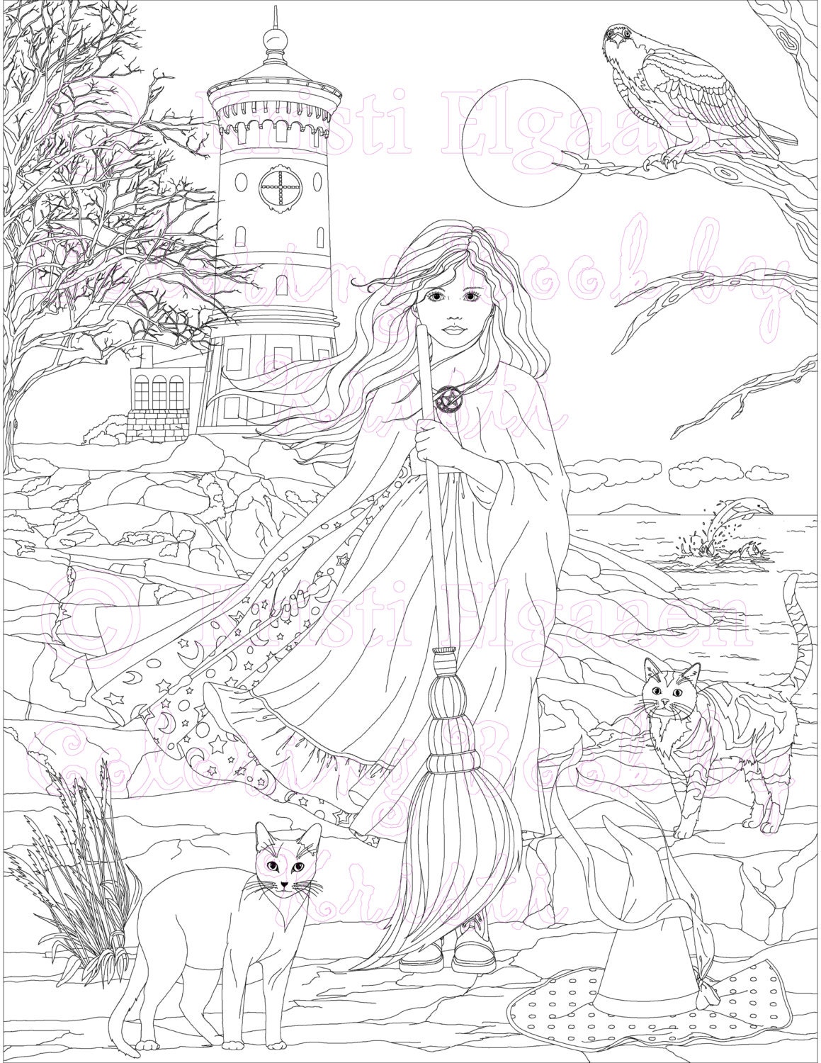 Little witches and wild things adult coloring page fantasy coloring pages digital download coloring lighthouse gracellen by the sea