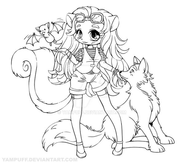 Skunk girl with wolf and bat