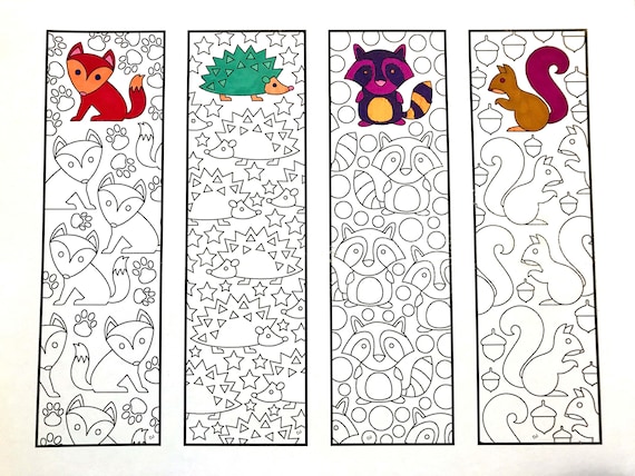 Cute animal bookmarks pdf coloring page fox hedgehog raccoon squirrel instant download
