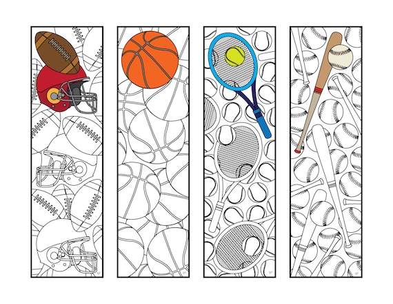 Sports bookmarks pdf coloring page football basketball tennis baseball instant download