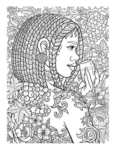 Premium vector afro american woman drinking wine adult coloring page