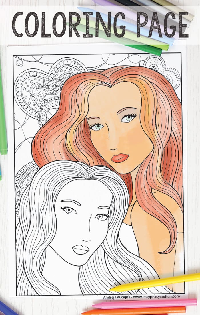 Two women coloring page for adults