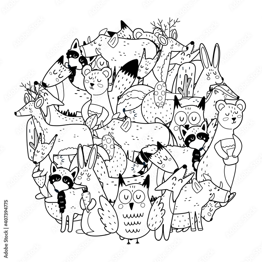 Circle shape coloring page with woodland animals black and white print for coloring book with cute forest characters outline background vector illustration vector