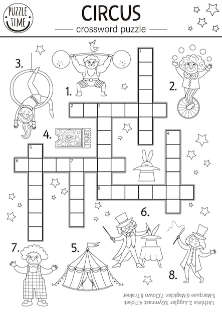 Premium vector vector circus crossword puzzle for kids simple black and white amusement show quiz with funny performers for children educational line activity with clown cross word coloring page xa