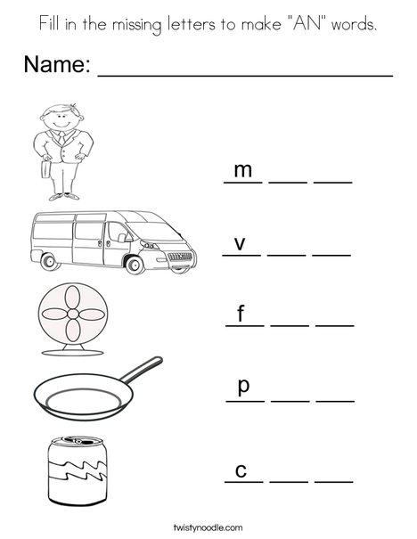 Fill in the missing letters to make an words coloring page
