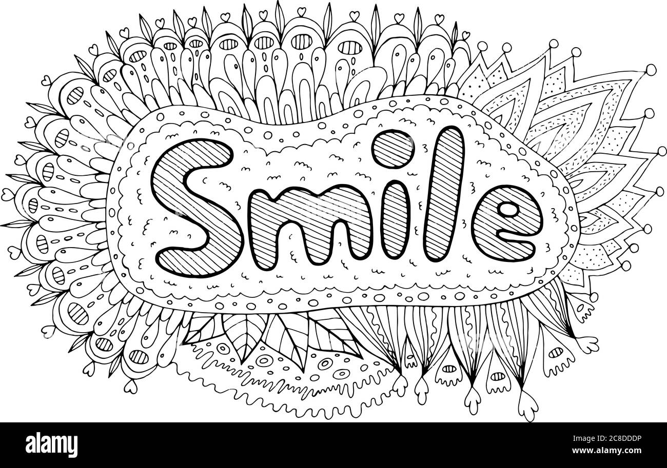 Coloring page for adults with mandala and smile word motivational quote doodle lettering ink outline artwork vector illustration stock vector image art