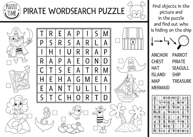Premium vector black and white vector pirate word search puzzle for kids simple line treasure island word search quiz for children coloring page or activity with ship parrot map chest treasure