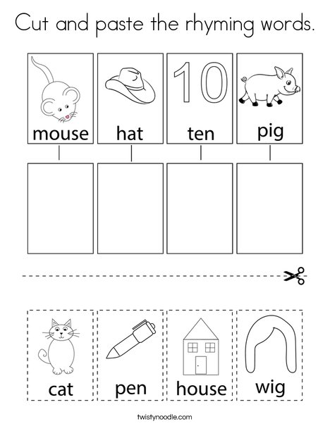 Cut and paste the rhyming words coloring page