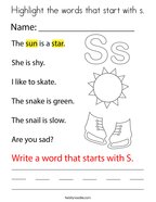Words that start with s coloring page