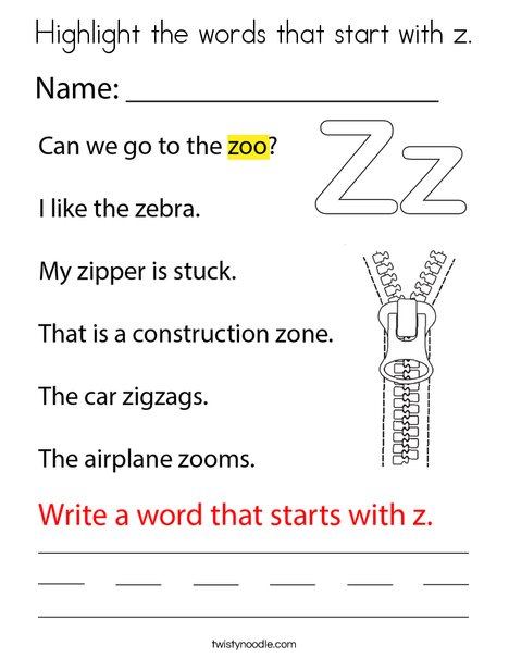 Highlight the words that start with z coloring page