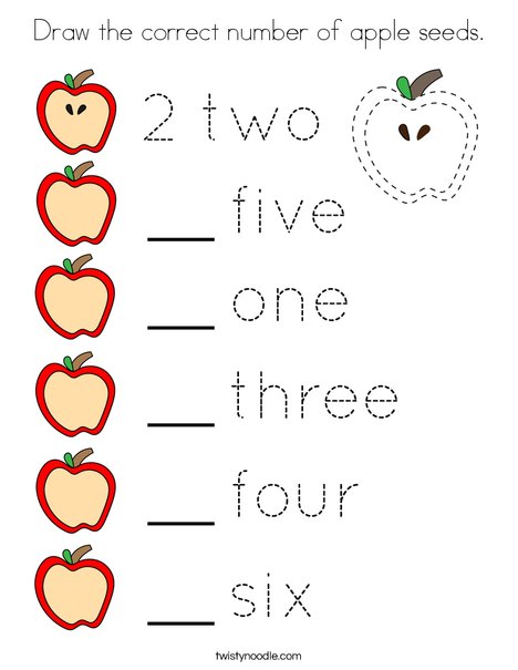Draw the correct number of apple seeds coloring page
