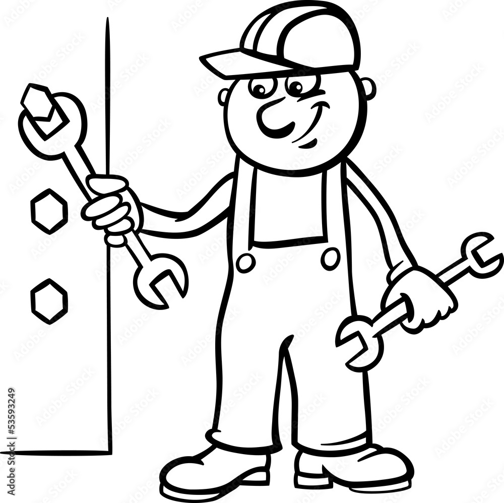 Worker with wrench coloring page vector