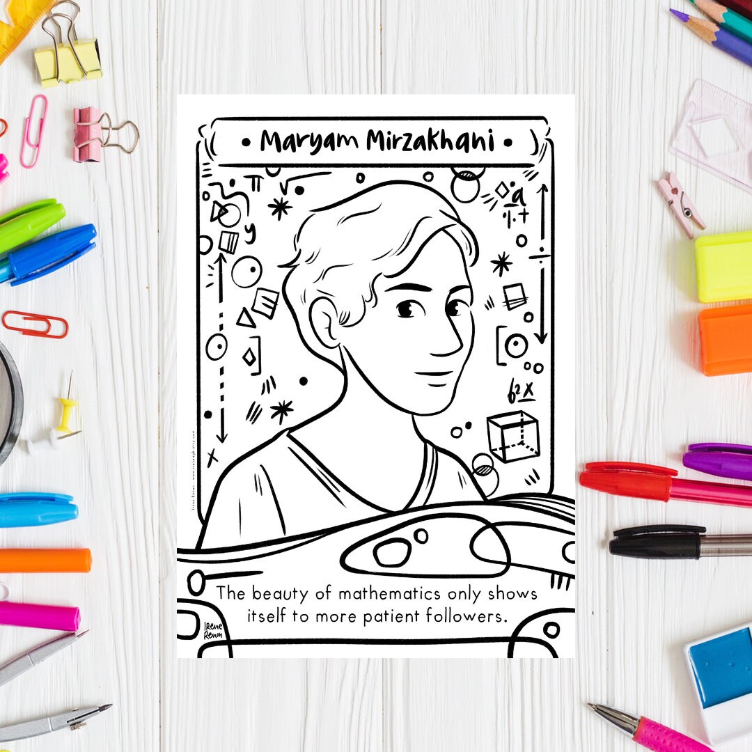 Printable coloring page maryam mirzakhani coloring sheet famous mathematician women in mathematics women in science printable stem women