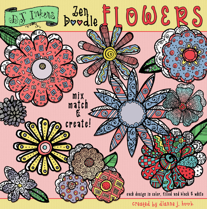 Delightfully doodled flower clip art by dj inkers