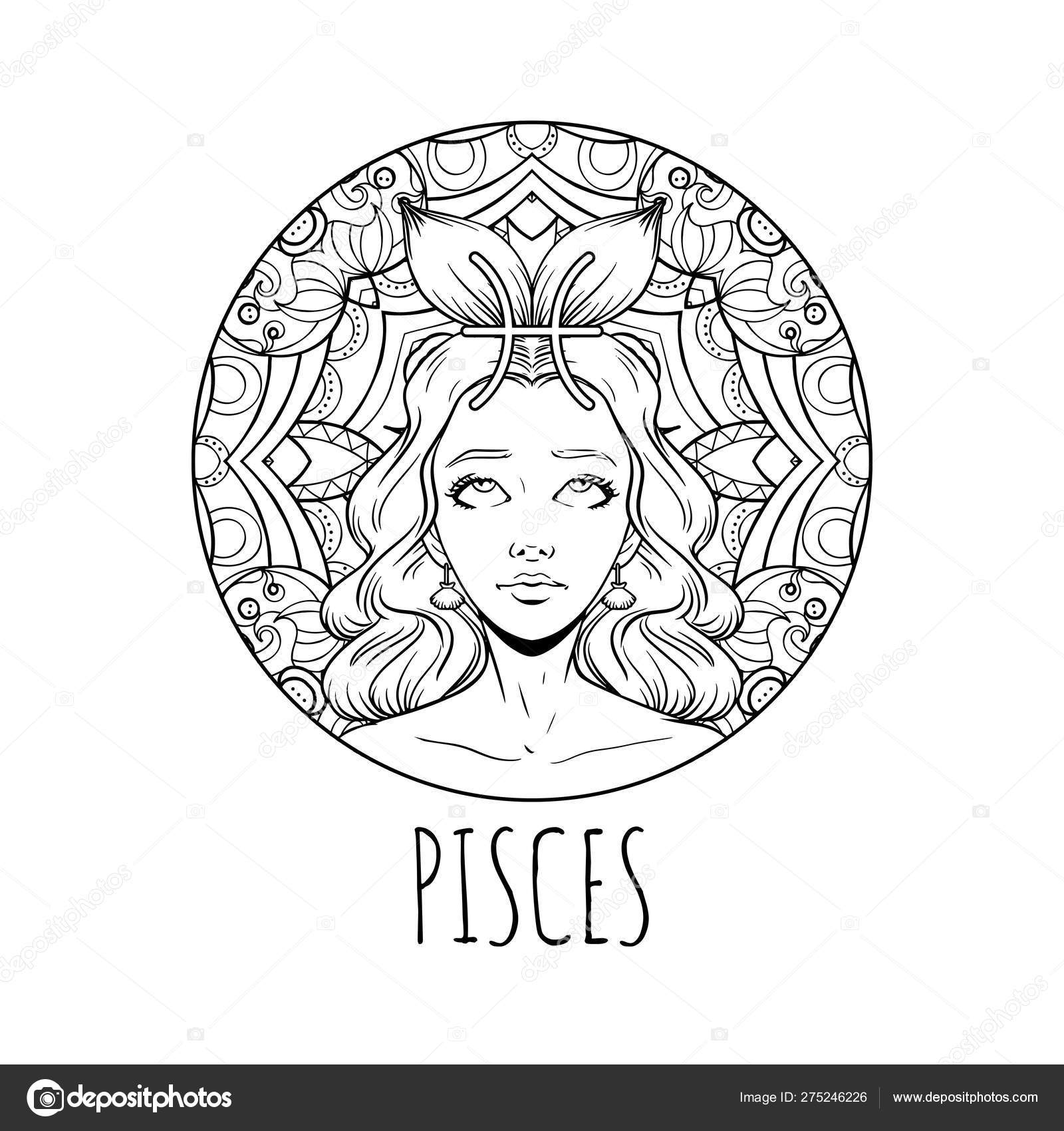 Pisces zodiac sign artwork adult coloring book page beautiful stock vector by littlepaw