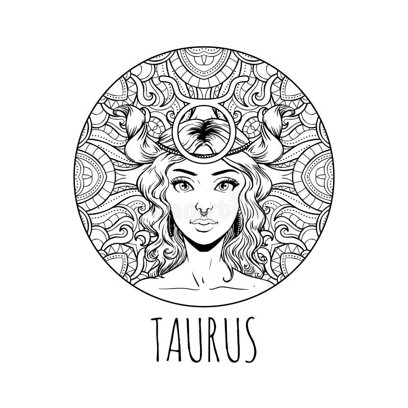 Taurus zodiac sign artwork adult coloring book page beautiful horoscope symbol girl vector illustration stock vector